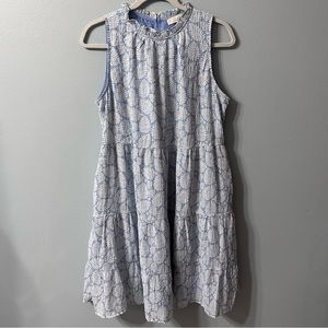 LOFT Leaf Ruffle Tiered Swing Dress Size M Blue & White Leave Pattern w/ Pockets